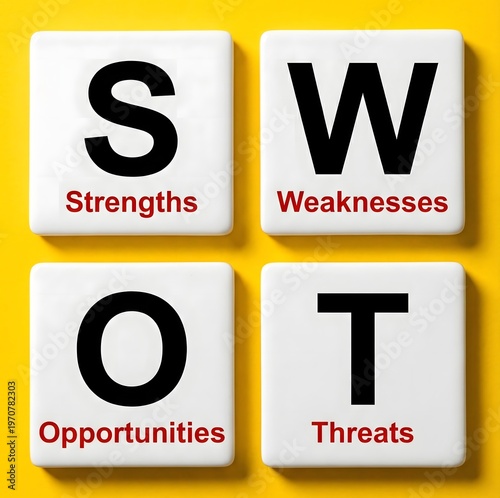 White blocks displaying swot on a yellow background with bold text