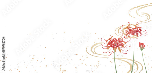 Photography Watercolor Red Spider Lily with Japanese Gold Swirl and Washi Background