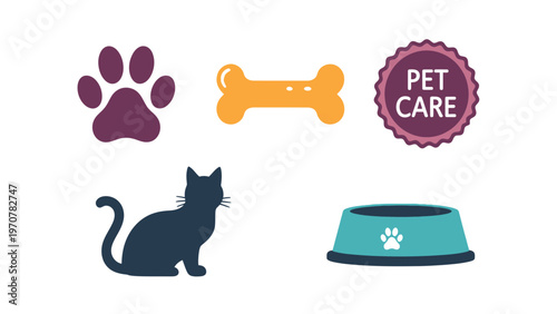 Flat Design Pet Care Icons Set with Cat, Paw Print, Dog Bone, and Feeding Bowl