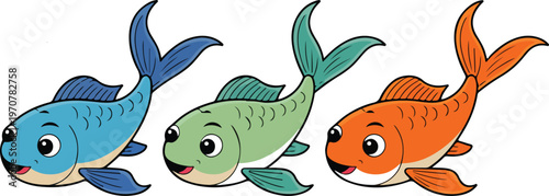 Cute cartoon koi fish illustration set with three colorful happy fish swimming side by side