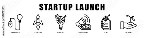Canvas-taulu line - Startup Launch web banner icon vector illustration concept