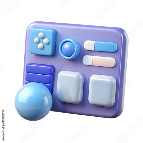 3d render of a purple control panel interface with blue buttons and a sphere isolated on white background