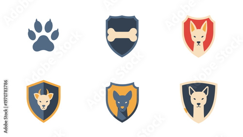 Dog and Pet Care Vector Icons Set with Paw Print, Bone, and Dog Head Shields in Flat Design Style