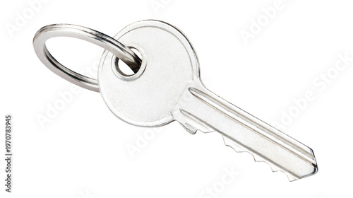 Metal key on keyring for door access and security, isolated on cutout transparent background