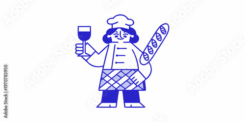A whimsical illustration of a baker holding wine and a baguette