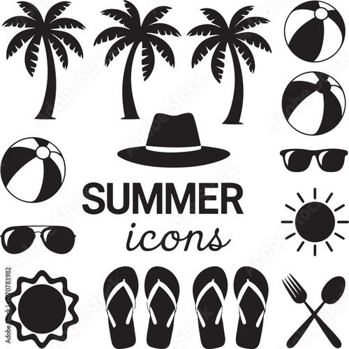 Summer Beach Vacation Icon Set Silhouette Illustration