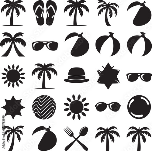 Summer Beach Vacation Icon Set Silhouette Illustration