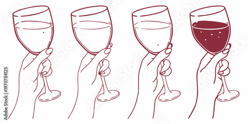 A series of hands holding wine glasses one filled with red wine