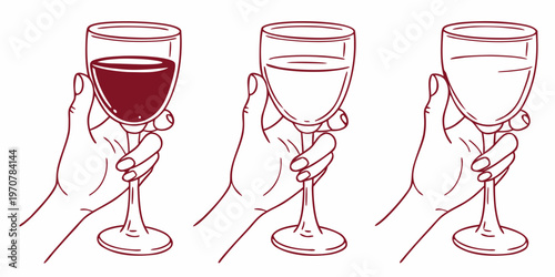 Three wine glasses held by hands varying fill levels shown