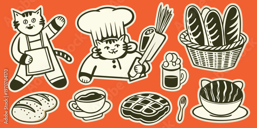 A whimsical illustration of a cat baker and various baked goods