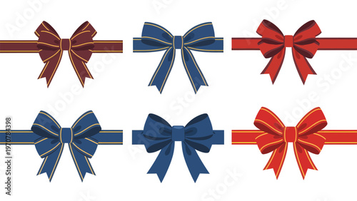 Elegant gift bows and ribbons set in red and blue, vector illustration for presents, holidays, and celebrations