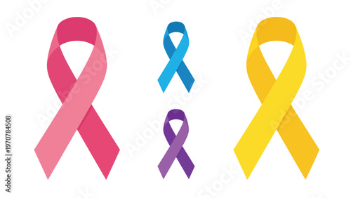 Colorful Awareness Ribbons Set. Vector illustration of pink, yellow, blue, purple symbols for health support and solidarity causes.