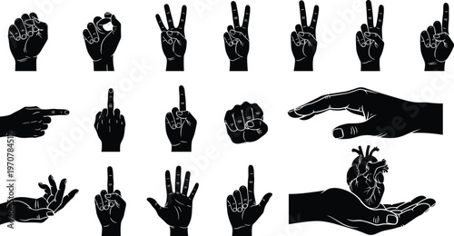 Silhouette human hands, gesture illustration vector, black and white art design, expressive communication, pointing finger, peace sign, open palm, anatomical heart graphic