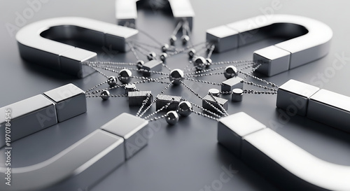 Close Up View of Industrial Horseshoe Magnets Attracting Metal Spheres and Rods Showcasing Magnetic Force and Physics Science Experiment