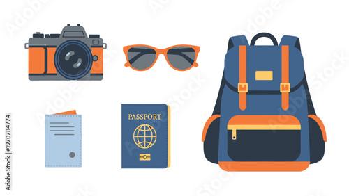Flat vector illustration of travel essentials: passport, camera, backpack, sunglasses, and documents for vacation and adventure.