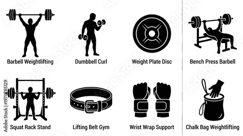 Fitness Icons Vector – Barbell Lift, Dumbbell Arm, Weight Plate, Bench Press, Squat Rack, Lifting Belt, Wrist Wrap, Chalk Bag Graphic
