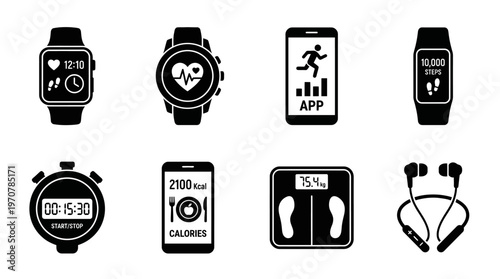 Fitness Icons Vector – Smartwatch, Heart Monitor, Smartphone App, Step Tracker, Stopwatch, Calorie Counter, Digital Scale, Headphones Graphic
