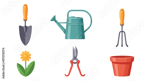 Gardening Tools and Supplies Set. Flat Vector Illustration of Hand Trowel, Watering Can, Pruning Shears, Cultivator, Flower, and Pot.