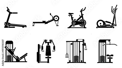 Fitness Icons Vector – Treadmill, Rowing Machine, Exercise Bike, Elliptical, Leg Press, Chest Press, Cable Machine, Lat Pull Graphic
