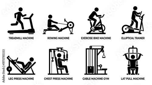 Fitness Icons Vector – Treadmill, Rowing Machine, Exercise Bike, Elliptical, Leg Press, Chest Press, Cable Machine, Lat Pull Graphic
