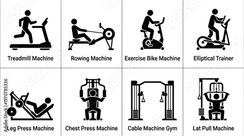 Fitness Icons Vector – Treadmill, Rowing Machine, Exercise Bike, Elliptical, Leg Press, Chest Press, Cable Machine, Lat Pull Graphic
