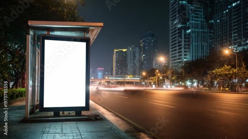 A clean, blank advertising space is showcased at night in a vibrant city environment. Blurry lights from traffic and distant buildings illuminate the urban landscape.