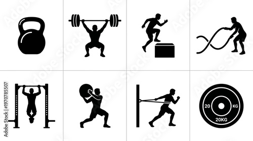 Fitness Icons Vector – Kettlebell, Barbell Lift, Box Jump, Battle Ropes, Pull Up, Clean Snatch, Resistance Sprint, Weight Plate Graphic
