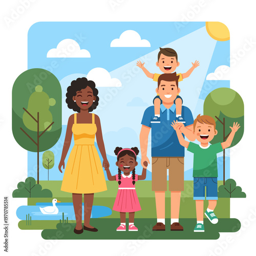 A happy, diverse family of five enjoys a sunny day outdoors in a park with trees, a pond, and a duck.