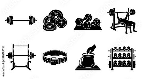 Fitness Icons Vector – Barbell, Weight Plates, Dumbbells, Bench Press, Squat Rack, Lifting Belt, Gym Bag, Dumbbell Rack Graphic
