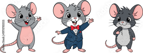 Cute Mouse Cartoon Character Set with Funny Expressions and Performer Costumes, Adorable Rodent Mascot Illustration Collection Isolated on White Background