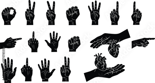 Silhouette human hands, gesture illustration vector, black and white art design, expressive communication, peace sign, pointing finger, open palm, anatomical heart graphic