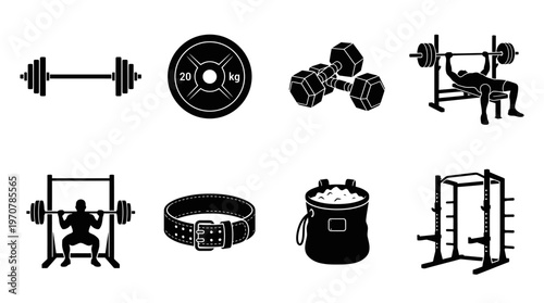 Fitness Icons Vector – Barbell, Weight Plates, Dumbbells, Bench Press, Squat Rack, Lifting Belt, Gym Bag, Dumbbell Rack Graphic
