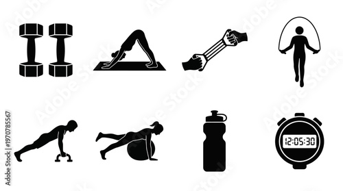 Fitness Icons Vector – Dumbbells, Yoga Pose, Gym Rings, Jump Rope, Push Ups, Exercise Ball, Water Bottle, Stopwatch Graphic
