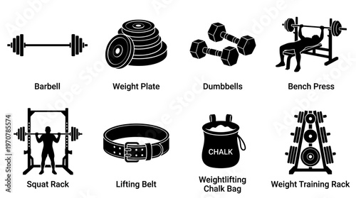 Fitness Icons Vector – Barbell, Weight Plates, Dumbbells, Bench Press, Squat Rack, Lifting Belt, Gym Bag, Dumbbell Rack Graphic
