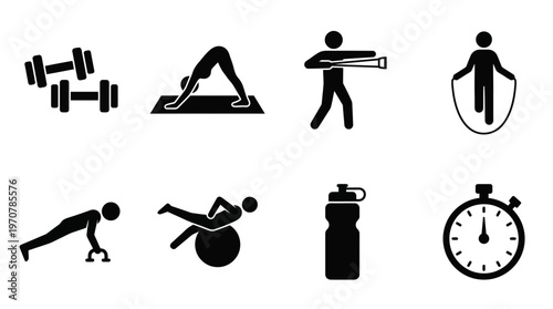 Fitness Icons Vector – Dumbbells, Yoga Pose, Gym Rings, Jump Rope, Push Ups, Exercise Ball, Water Bottle, Stopwatch Graphic
