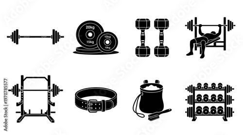 Fitness Icons Vector – Barbell, Weight Plates, Dumbbells, Bench Press, Squat Rack, Lifting Belt, Gym Bag, Dumbbell Rack Graphic
