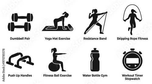 Fitness Icons Vector – Dumbbells, Yoga Pose, Gym Rings, Jump Rope, Push Ups, Exercise Ball, Water Bottle, Stopwatch Graphic
