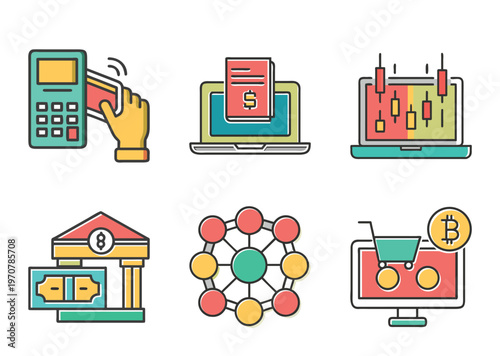 Online banking and digital commerce icons showing contactless card payments electronic statements candlestick trading charts central bank structures network distribution and crypto shopping.