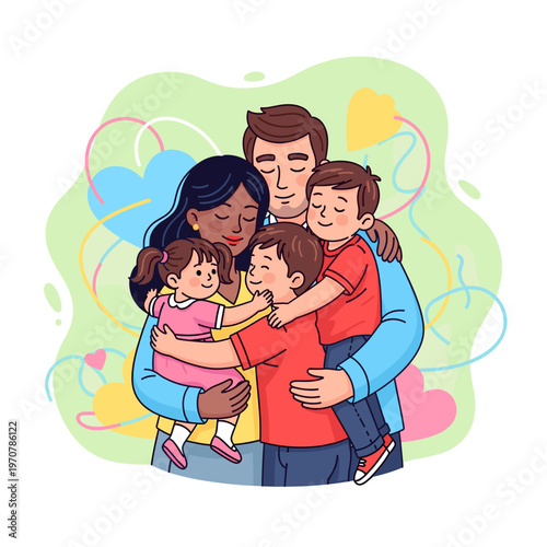 A loving, diverse family of five, including parents and three children, embracing warmly with eyes closed amidst colorful abstract shapes and hearts.