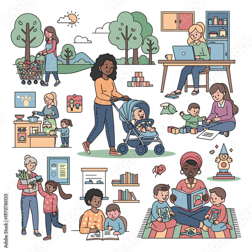 A vibrant illustration depicting diverse people engaged in various nurturing and educational activities, showcasing family life, learning, and community.