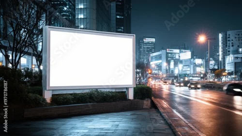 A clean, blank advertising space is showcased at night in a vibrant city environment. Blurry lights from traffic and distant buildings illuminate the urban landscape.