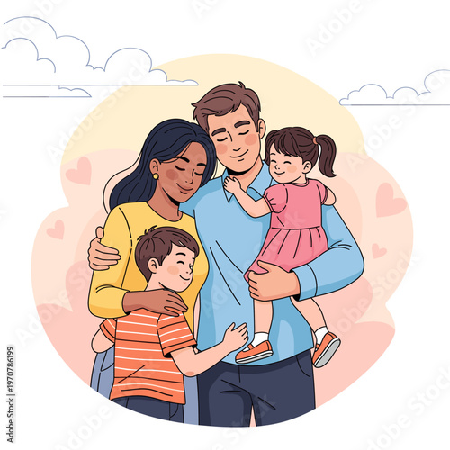A loving multiracial family with two children, a boy and a girl, embracing warmly in a tender moment.