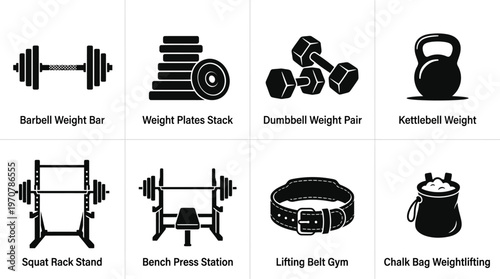 Fitness Icons Vector – Barbell, Weight Plates, Dumbbell, Kettlebell, Squat Rack, Bench Press, Lifting Belt, Chalk Bag Graphic
