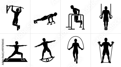 Fitness Icons Vector – Pull Up Bar, Push Up Handles, Dip Station, Gym Rings, Yoga Mat, Balance Board, Jump Rope, Resistance Band Graphic
