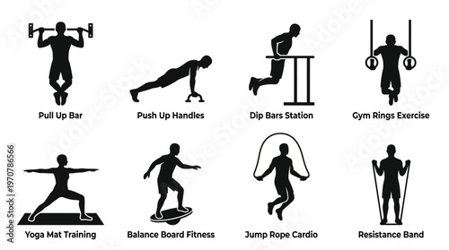 Fitness Icons Vector – Pull Up Bar, Push Up Handles, Dip Station, Gym Rings, Yoga Mat, Balance Board, Jump Rope, Resistance Band Graphic

