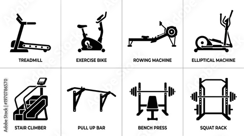 Fitness Icons Vector – Treadmill, Exercise Bike, Rowing Machine, Elliptical, Stair Climber, Squat Rack, Bench Press, Smith Machine Graphic
