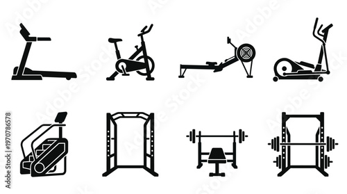 Fitness Icons Vector – Treadmill, Exercise Bike, Rowing Machine, Elliptical, Stair Climber, Squat Rack, Bench Press, Smith Machine Graphic
