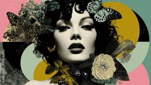 Woman face surrounded butterfly and flower collage abstract art design