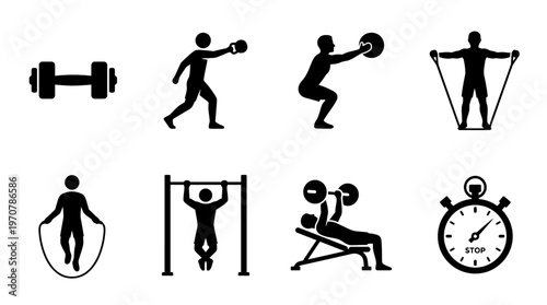 Fitness Icons Vector – Dumbbell, Kettlebell Swing, Barbell Lift, Resistance Band, Jump Rope, Pull Up, Bench Press, Stopwatch Graphic
