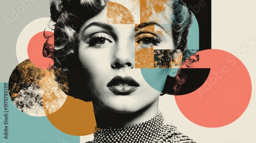 Woman face collage overlay with geometric shapes vintage portrait
